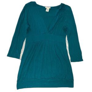 ONE CLOTHING Y2K Babydoll Top Bubble Hem Stretch V-Neck Tunic Womens M Teal